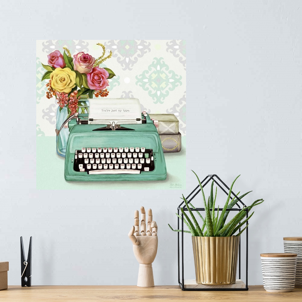 A bohemian room featuring Contemporary vibrant home decor artwork with a teal typewriter and a bouquet of colorful flowers ...
