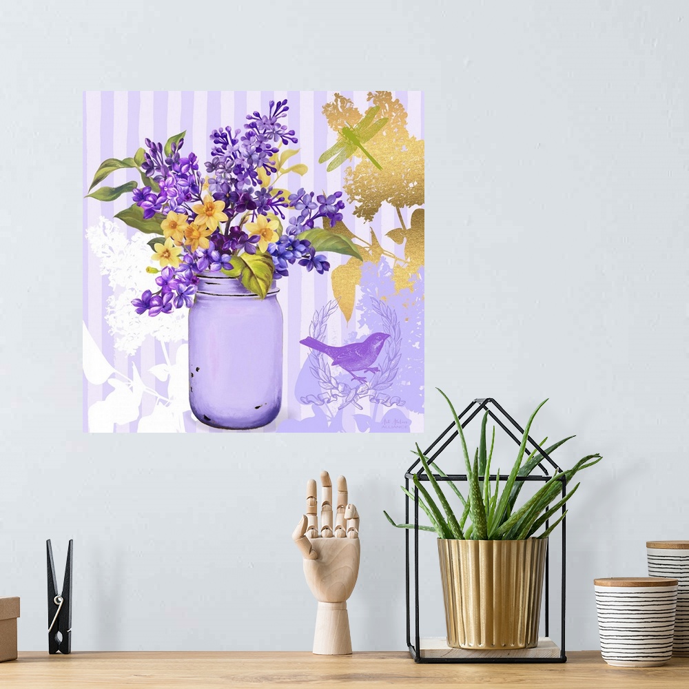 A bohemian room featuring Contemporary home decor artwork of a vibrant purple flowers in a light purple mason jar against a...