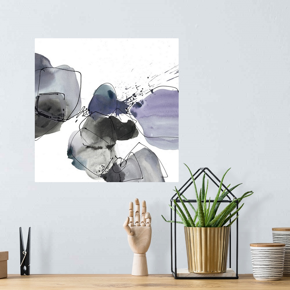 A bohemian room featuring Contemporary abstract painting of organic grey and lavender shapes with black outlines on white.
