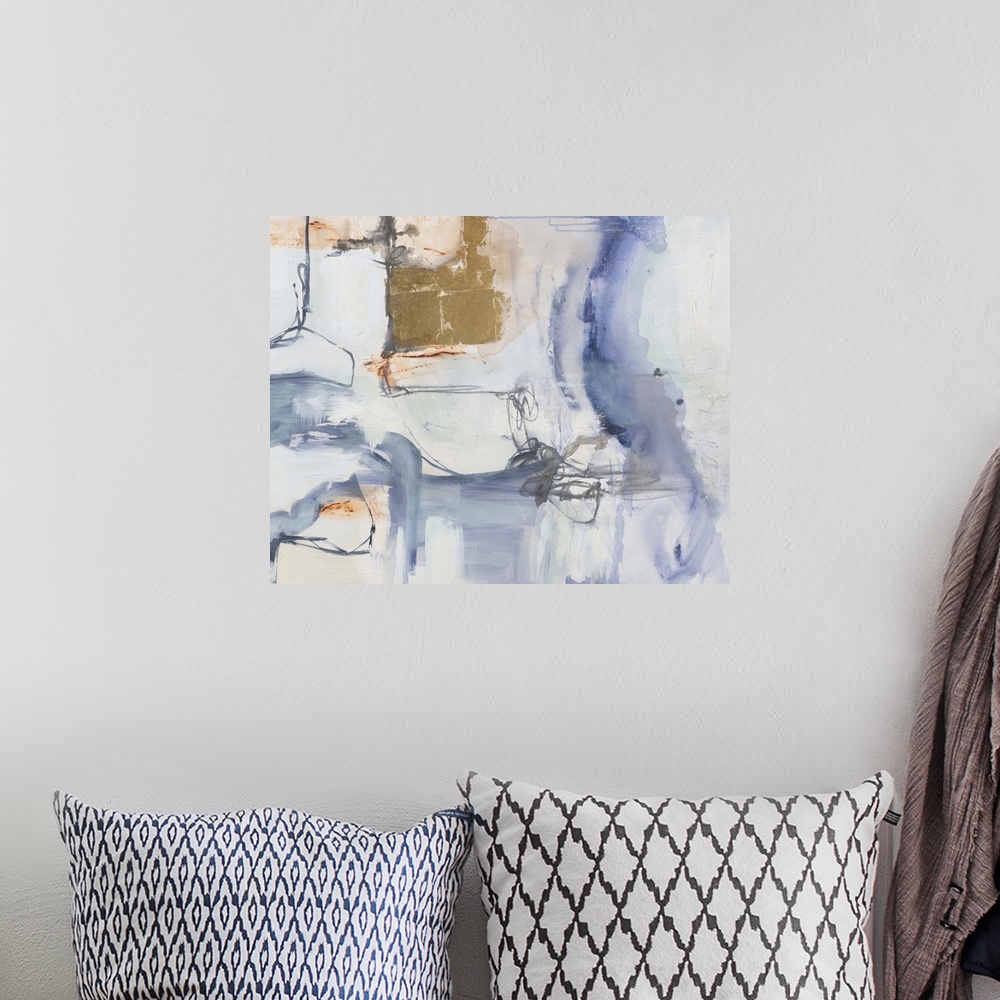A bohemian room featuring Contemporary abstract painting using neutral tones with splashes of vibrant color.