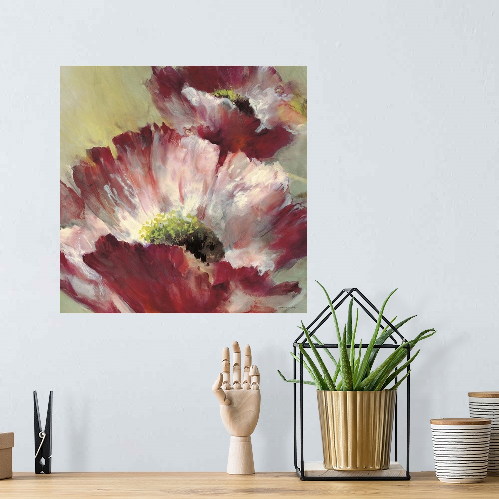 A bohemian room featuring Contemporary painting of a red poppy flower.