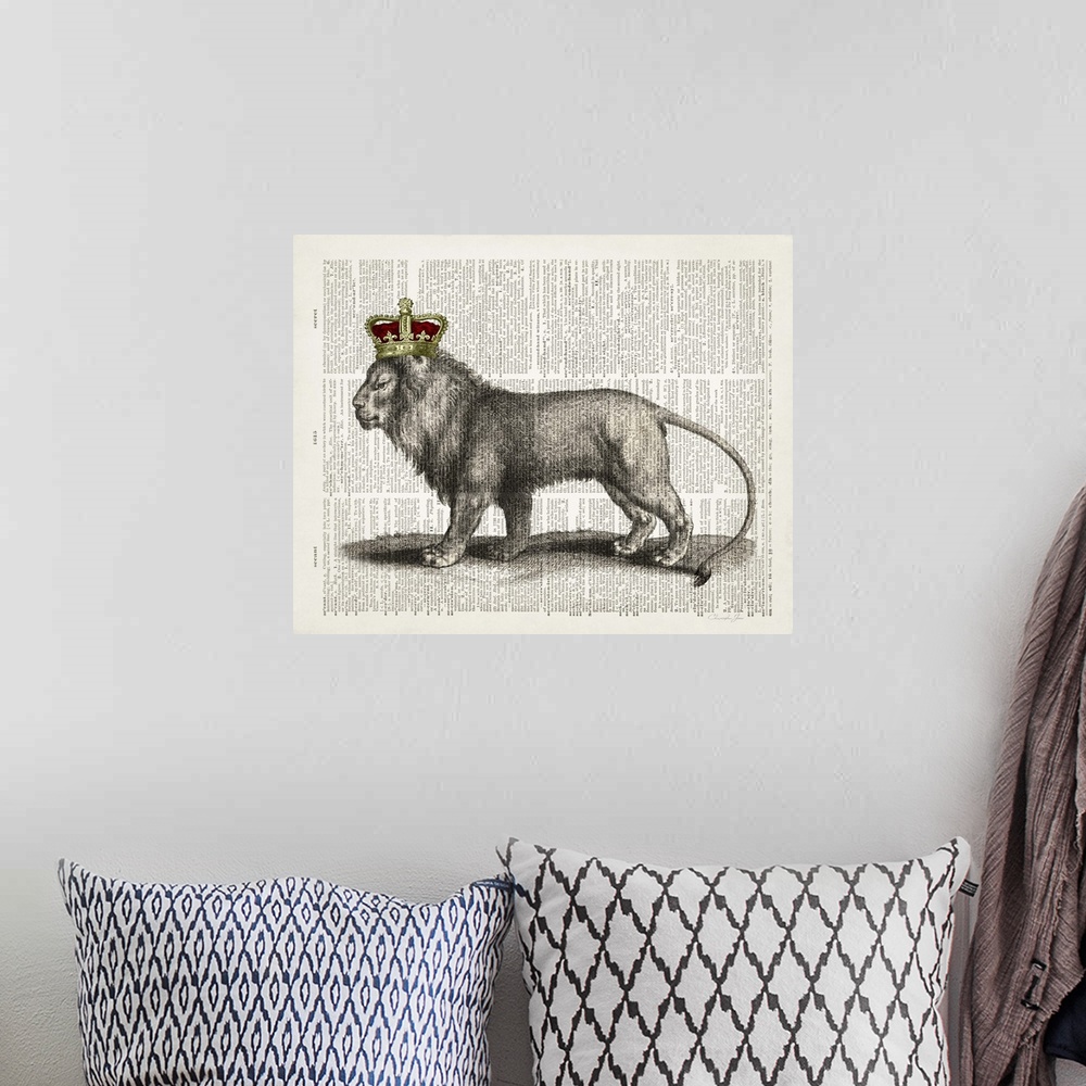 A bohemian room featuring Vintage illustration of a lion wearing a crown on a dictionary page.