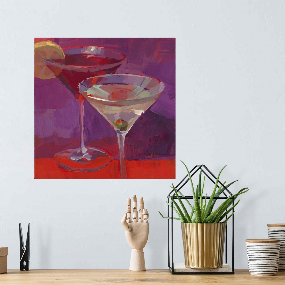 A bohemian room featuring Contemporary painting of colorful cocktails against a dark purple and red background.