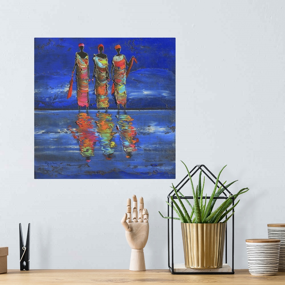 A bohemian room featuring Contemporary African art of three female figures casting reflections in a river.