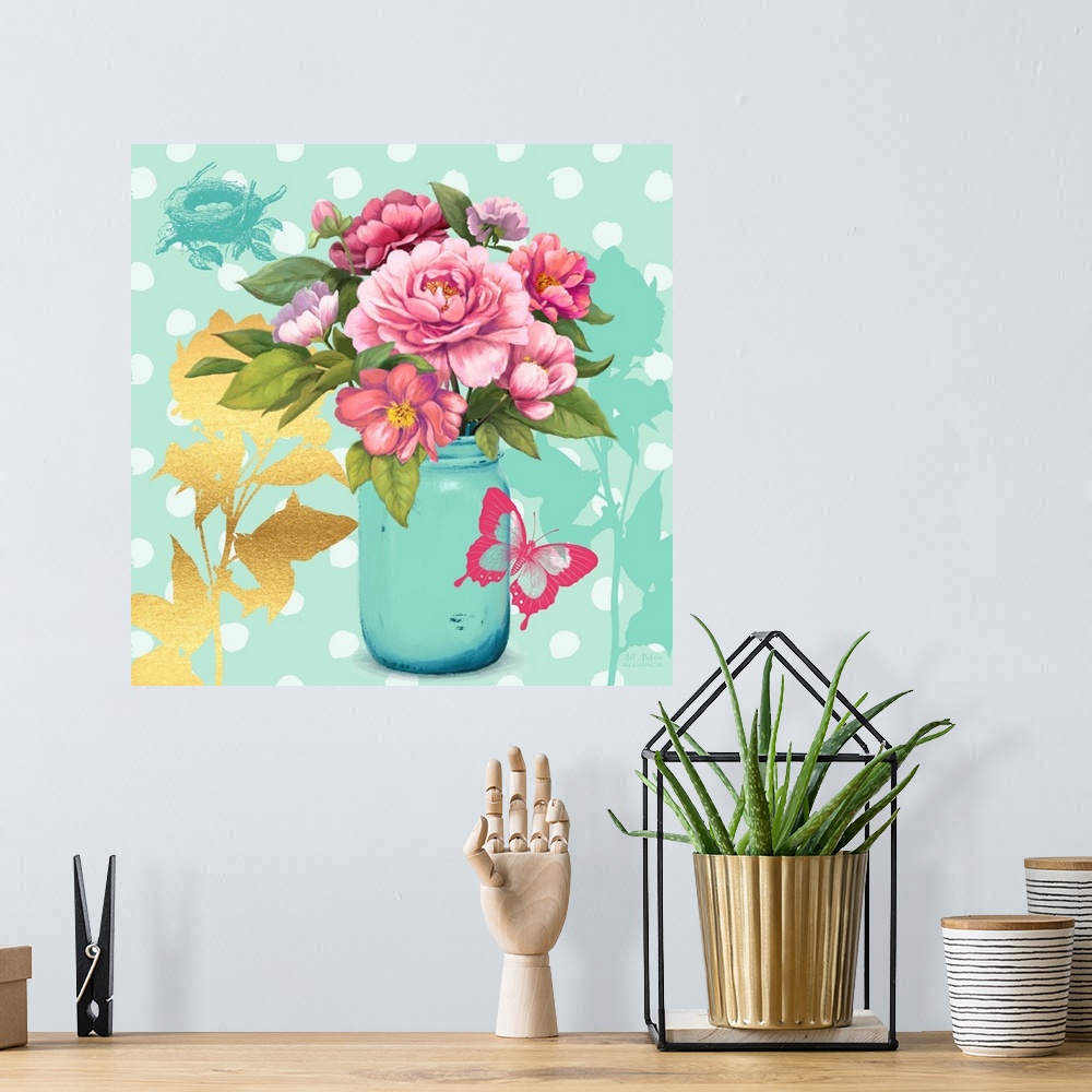 A bohemian room featuring Contemporary home decor artwork of a vibrant pink flowers in a light blue mason jar against a lig...