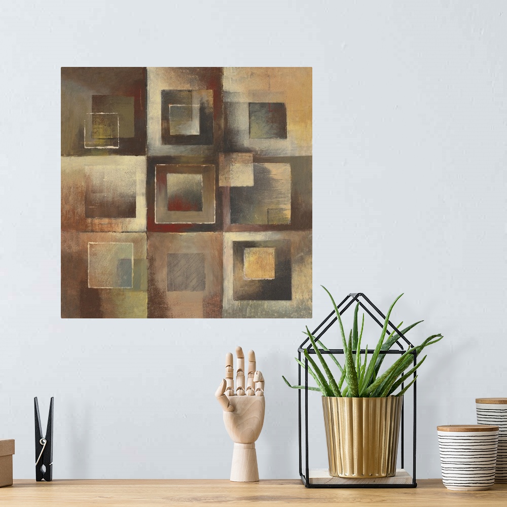 A bohemian room featuring Abstract painting using geometric and organic shapes in earth tones.