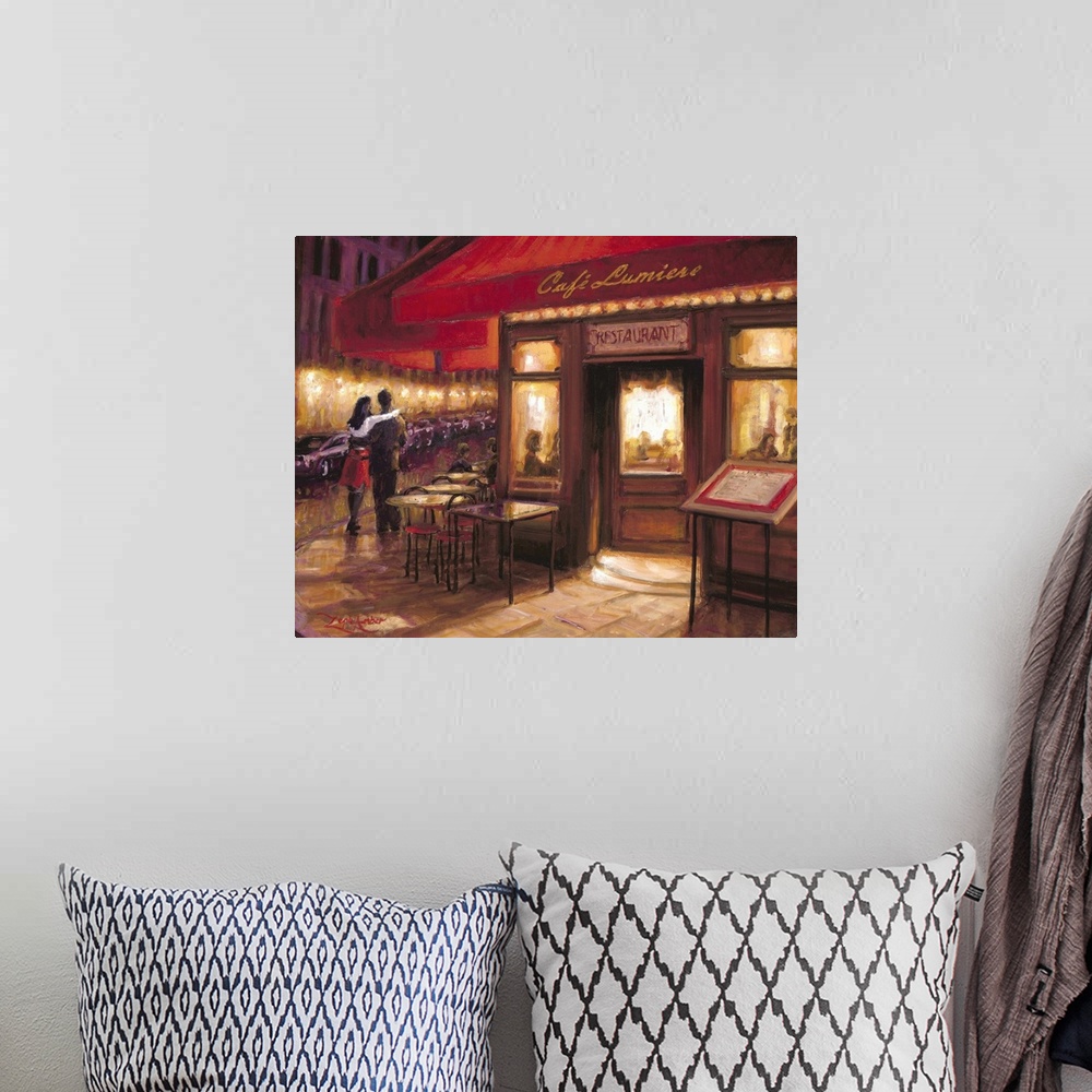 A bohemian room featuring Contemporary painting of a couple in a loving embrace walking by a cafe at night.