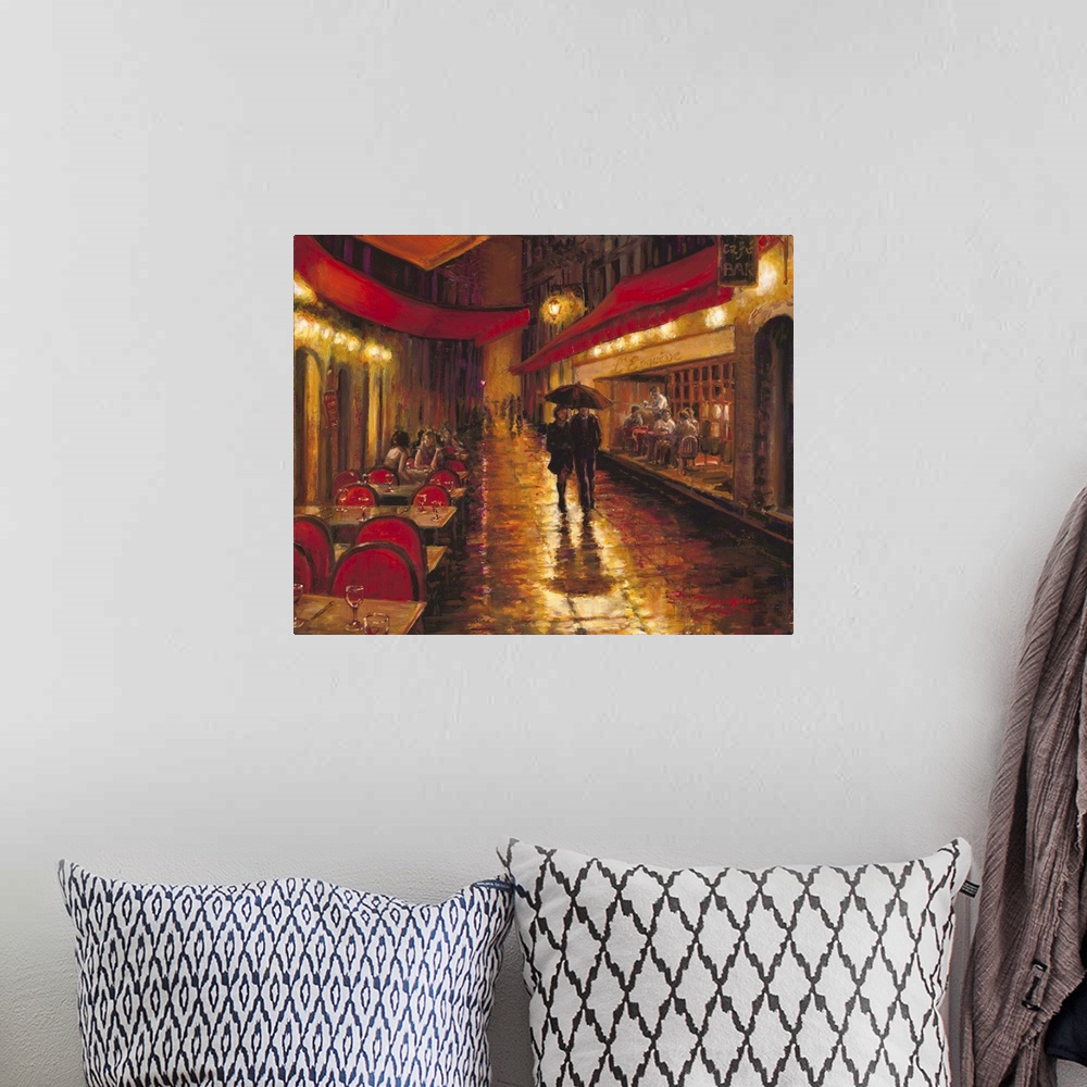 A bohemian room featuring Contemporary painting of a couple in a loving embrace sharing an umbrella while walking.