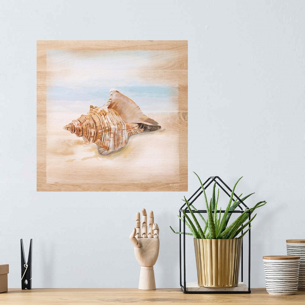 A bohemian room featuring Beach theme home decor artwork of a seashells against a sandy scene.