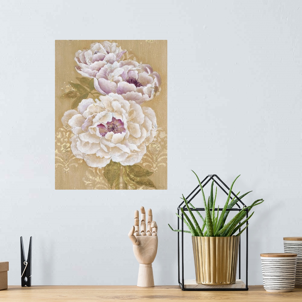 A bohemian room featuring Vintage floral illustration with golden embellishments.