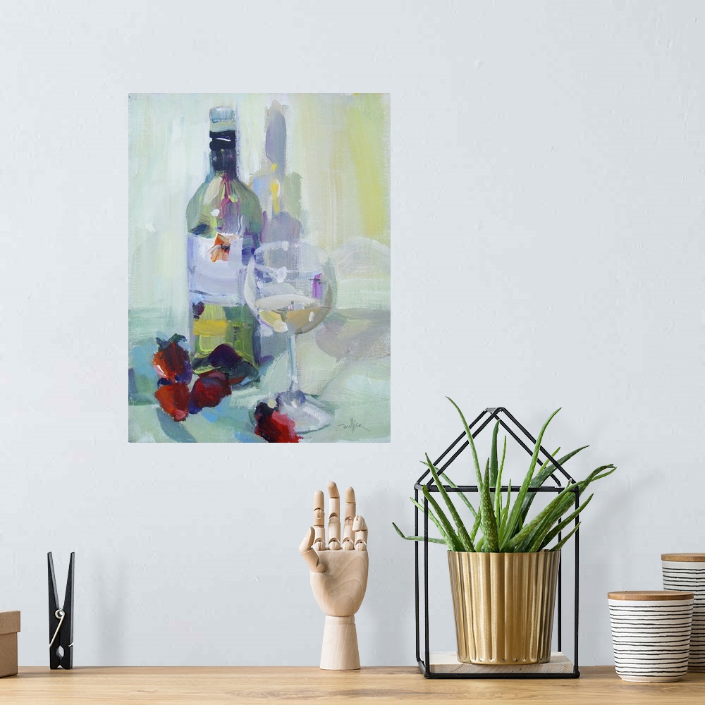 A bohemian room featuring Contemporary painting of a glass filled with white wine, next to a bottle of white wine.
