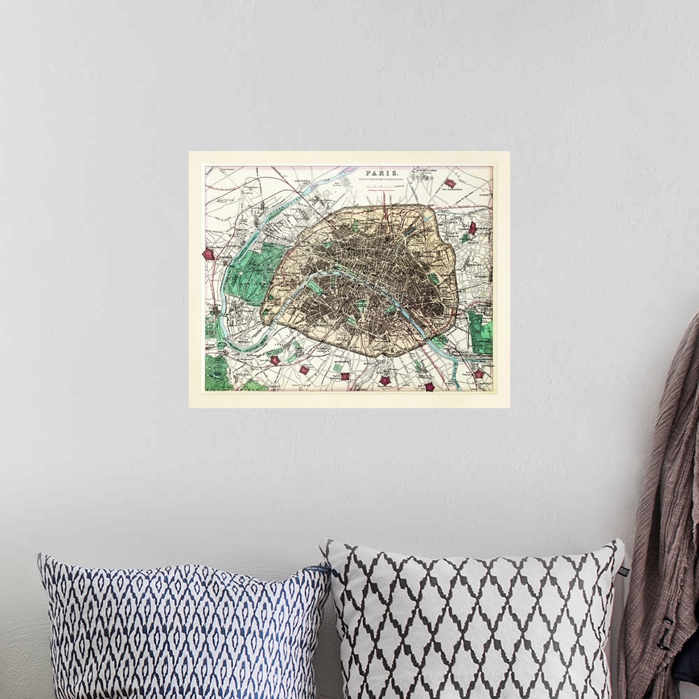A bohemian room featuring Vintage map of Paris, France and its surrounding fortifications.
