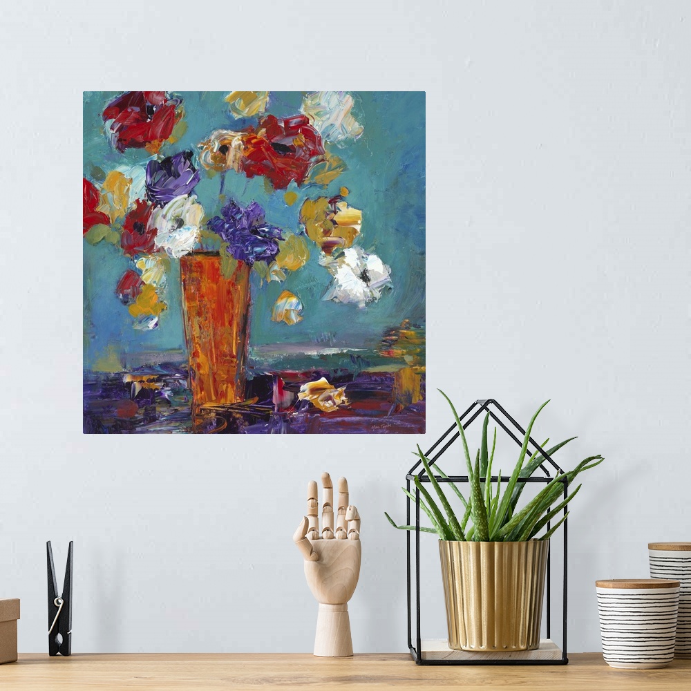 A bohemian room featuring Contemporary still life painting of an orange vase filled with colorful flowers.