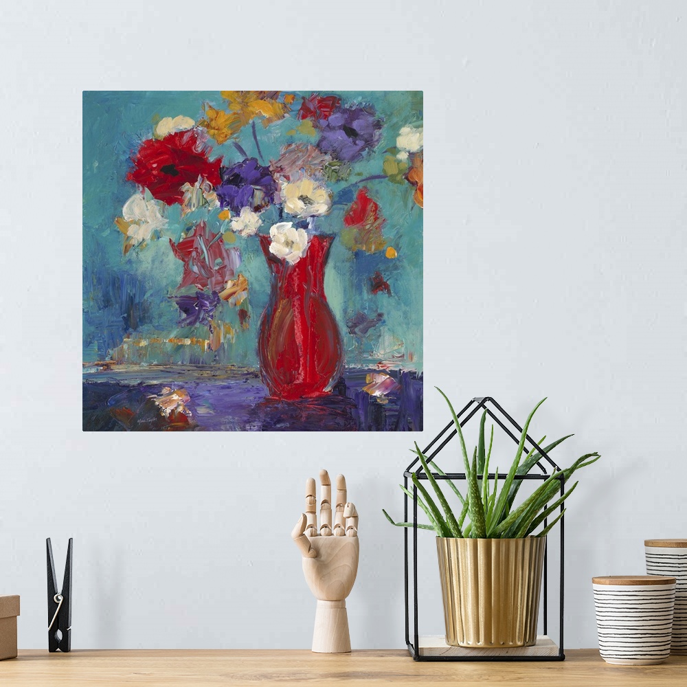 A bohemian room featuring Contemporary still life painting of a red vase filled with colorful flowers.