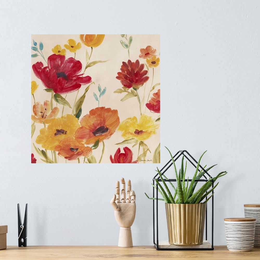 A bohemian room featuring Colorful painting of several bright poppy flowers on a light background.