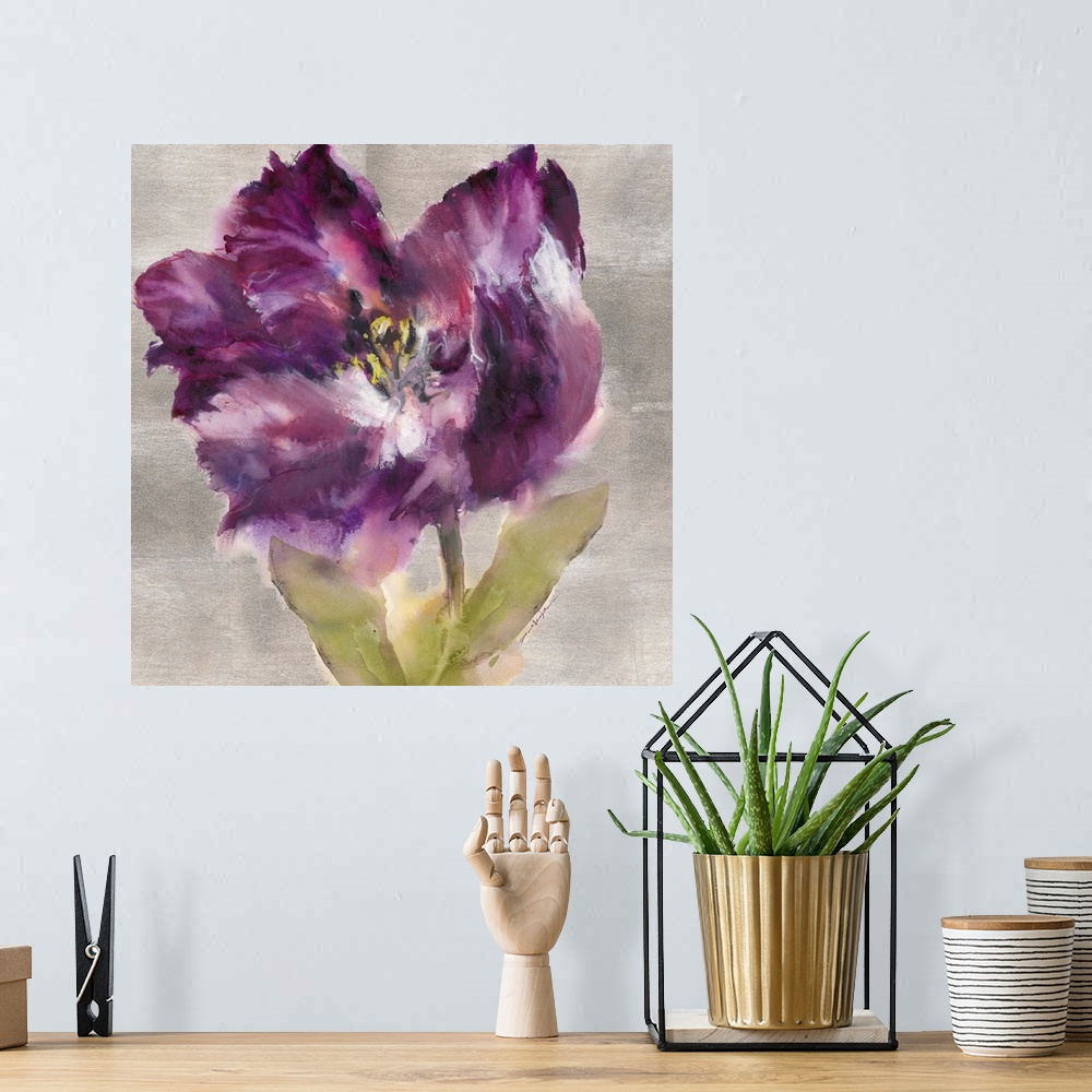 A bohemian room featuring Watercolor painting of purple flower.