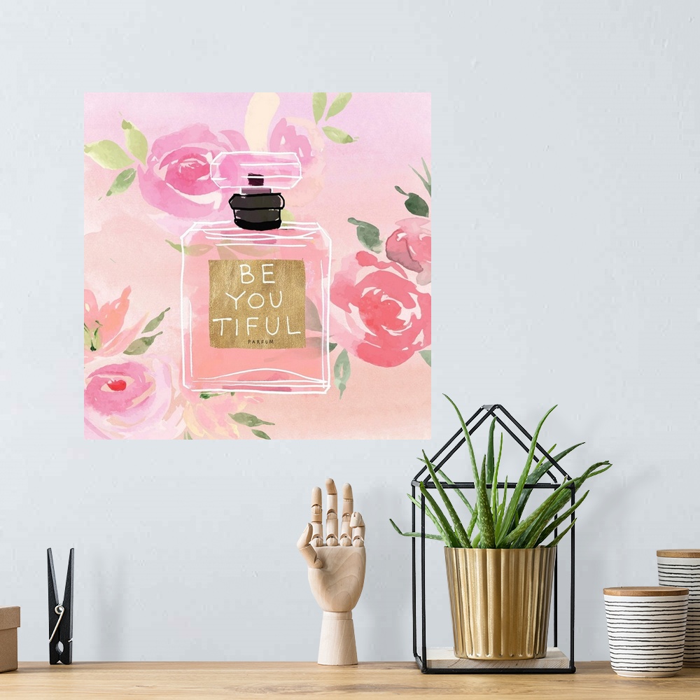 A bohemian room featuring Watercolor perfume bottle labeled "be you tiful" with roses.