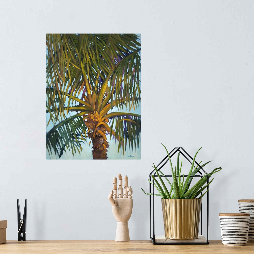 A bohemian room featuring Contemporary colorful painting of a tropical palm tree.