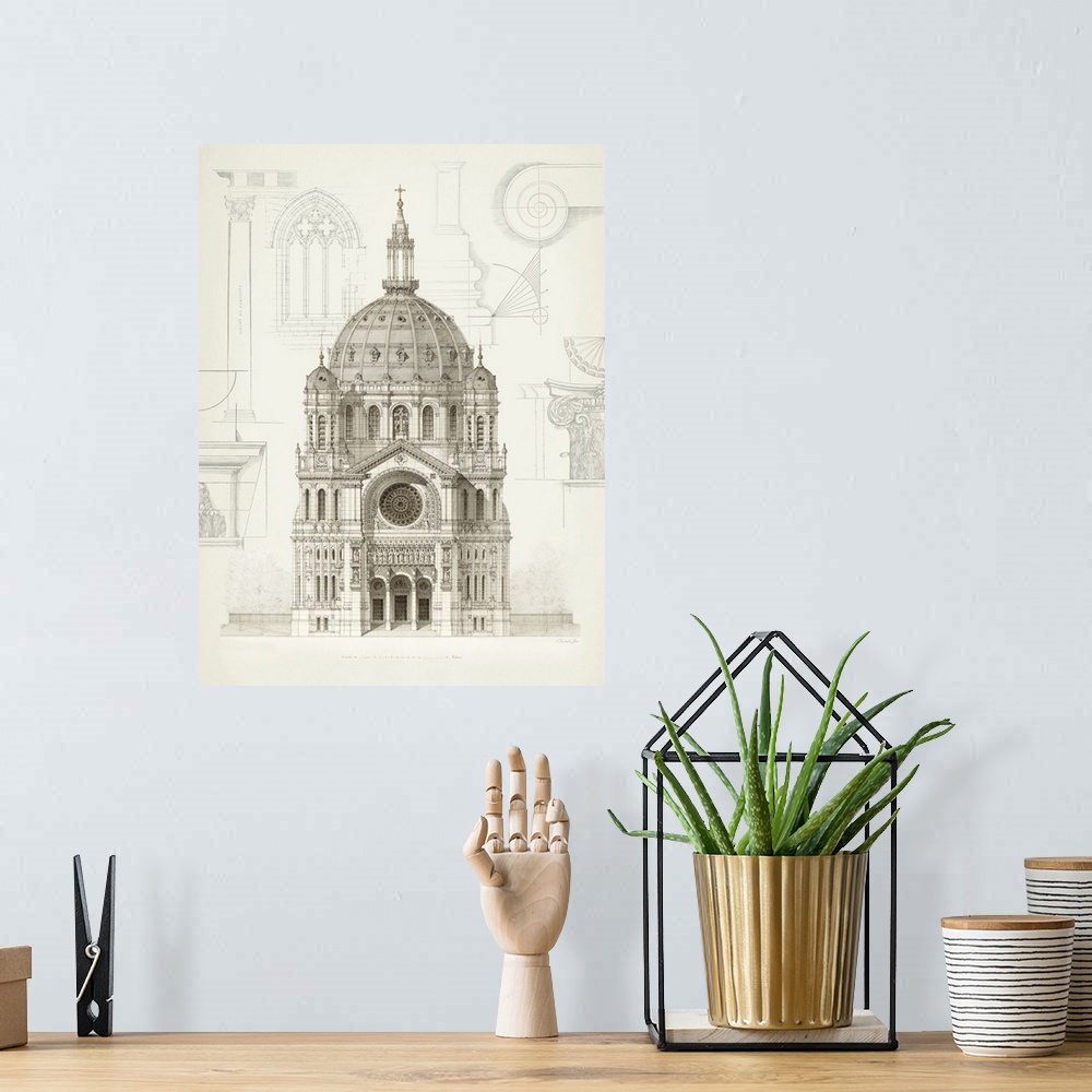 A bohemian room featuring Black and white architectural illustration and blueprint with great detail.