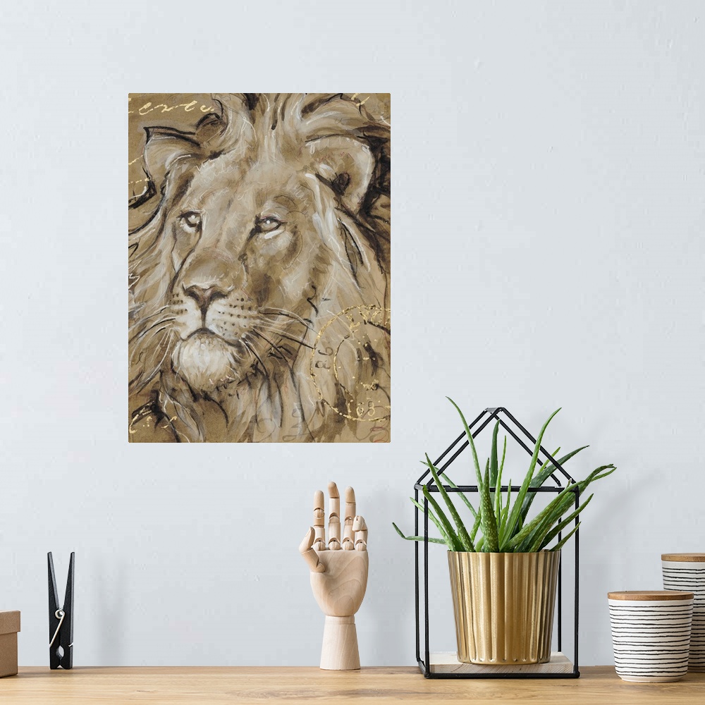 A bohemian room featuring Portrait of a lion in brown tones with golden writing.