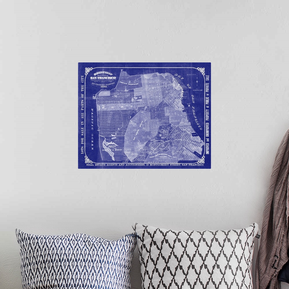 A bohemian room featuring Vintage blueprint-style map of San Francisco and the bay.