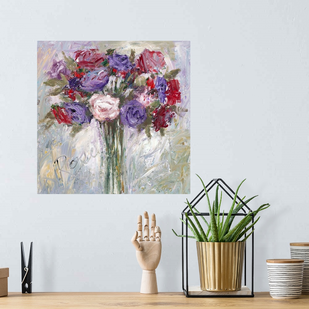 A bohemian room featuring Contemporary still life painting of a bouquet of colorful flowers in a vase.