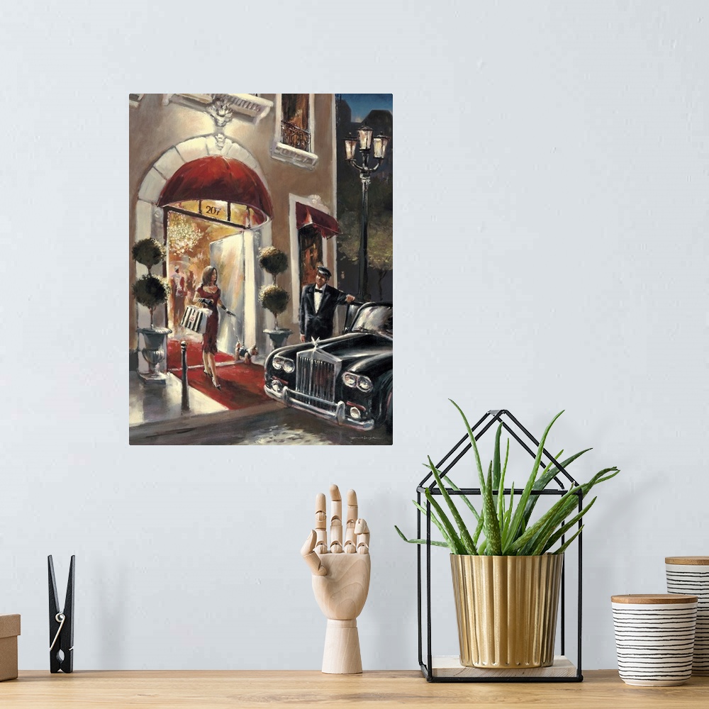 A bohemian room featuring Contemporary painting of a woman in a red dress walking out store, with a dog on a leash in one h...