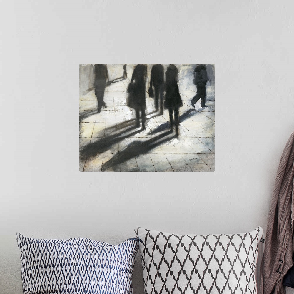 A bohemian room featuring Contemporary painting of silhouetted figures walking and casting shadows.