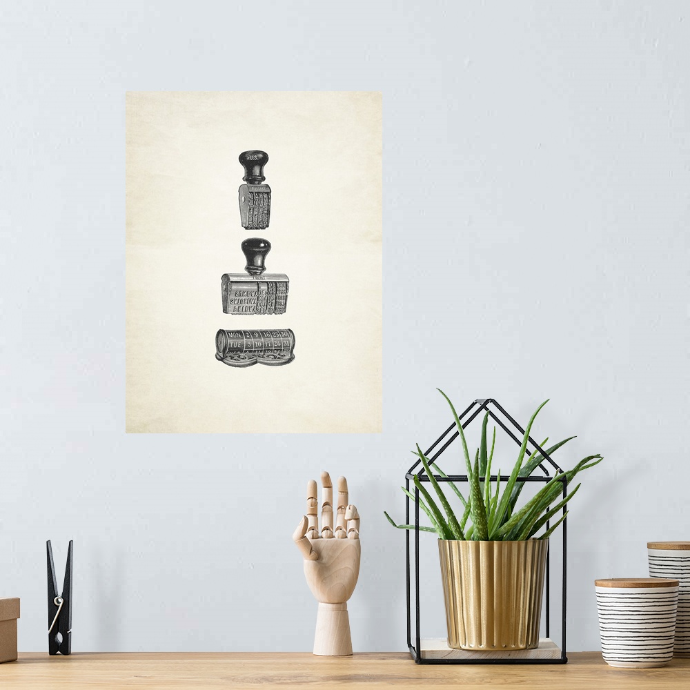 A bohemian room featuring Black and white illustrations of vintage stamps on a sepia toned background.