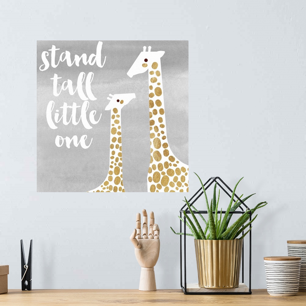 A bohemian room featuring Watercolor illustration of a mother and baby giraffe with "stand tall little one" in handlettered...