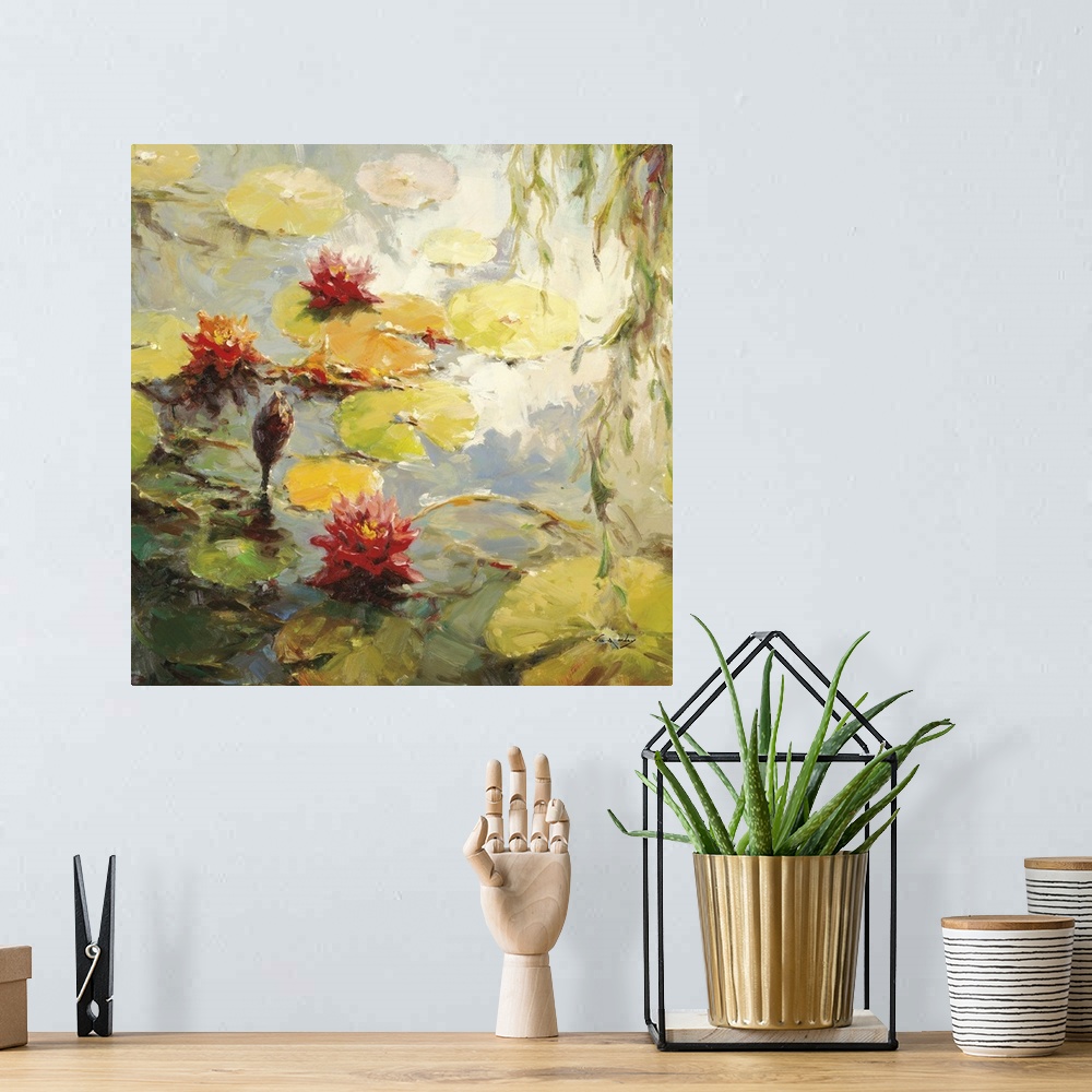 A bohemian room featuring Contemporary painting of several water lilies and lily pads floating in a pond.