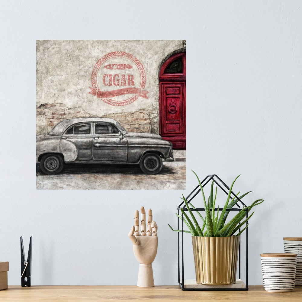 A bohemian room featuring Square decor of an illustrated street scene in Havana, Cuba with a vintage car, red door, and wal...