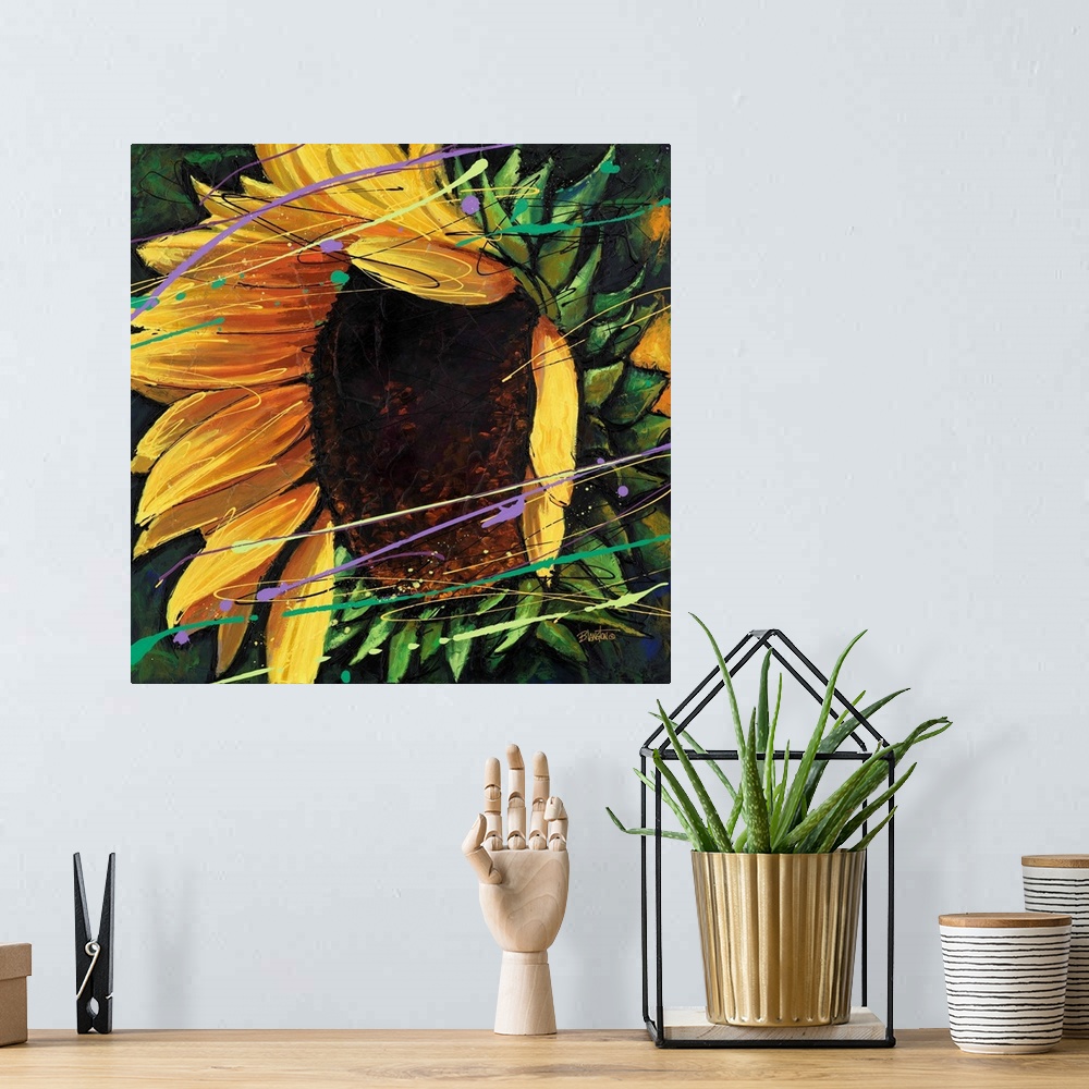 A bohemian room featuring Contemporary close-up painting of a vibrant yellow sunflower.