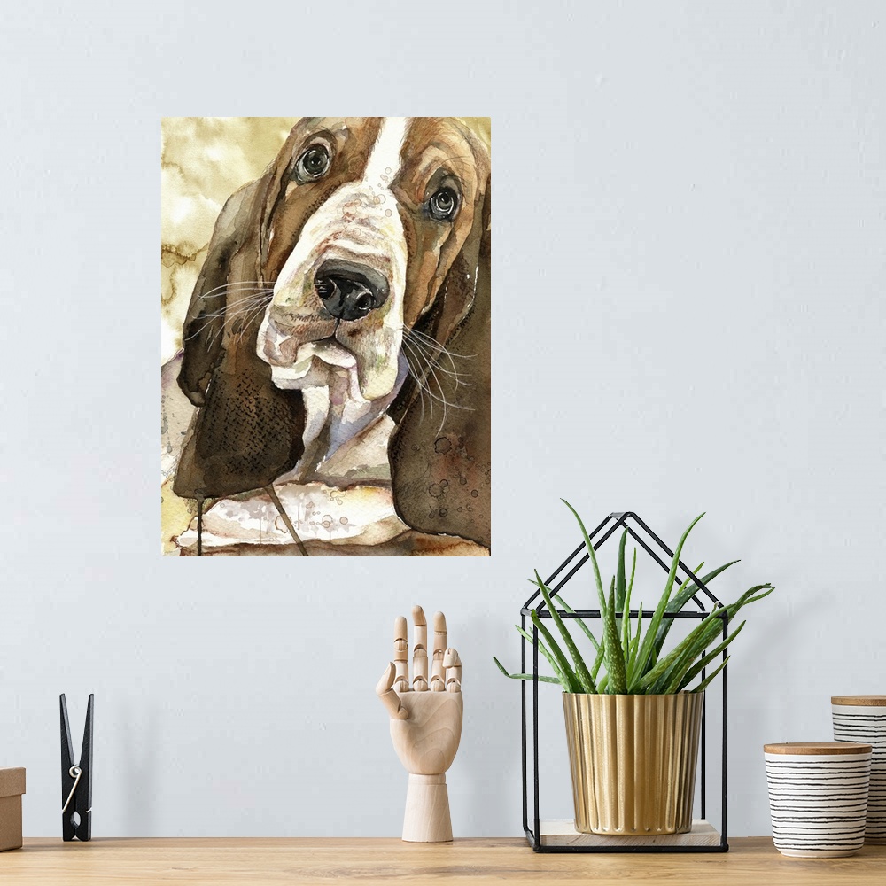 A bohemian room featuring Contemporary painting of a close-up of a basset hound.