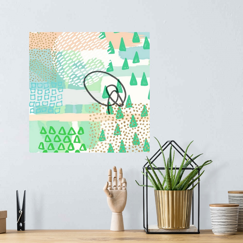 A bohemian room featuring Abstract artwork in tropical shades of teal, green, and peach, with triangular shapes and a black...