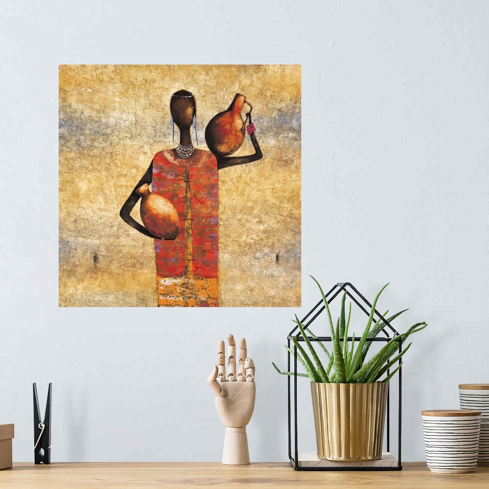A bohemian room featuring Contemporary painting of a tribal woman holding water jugs.