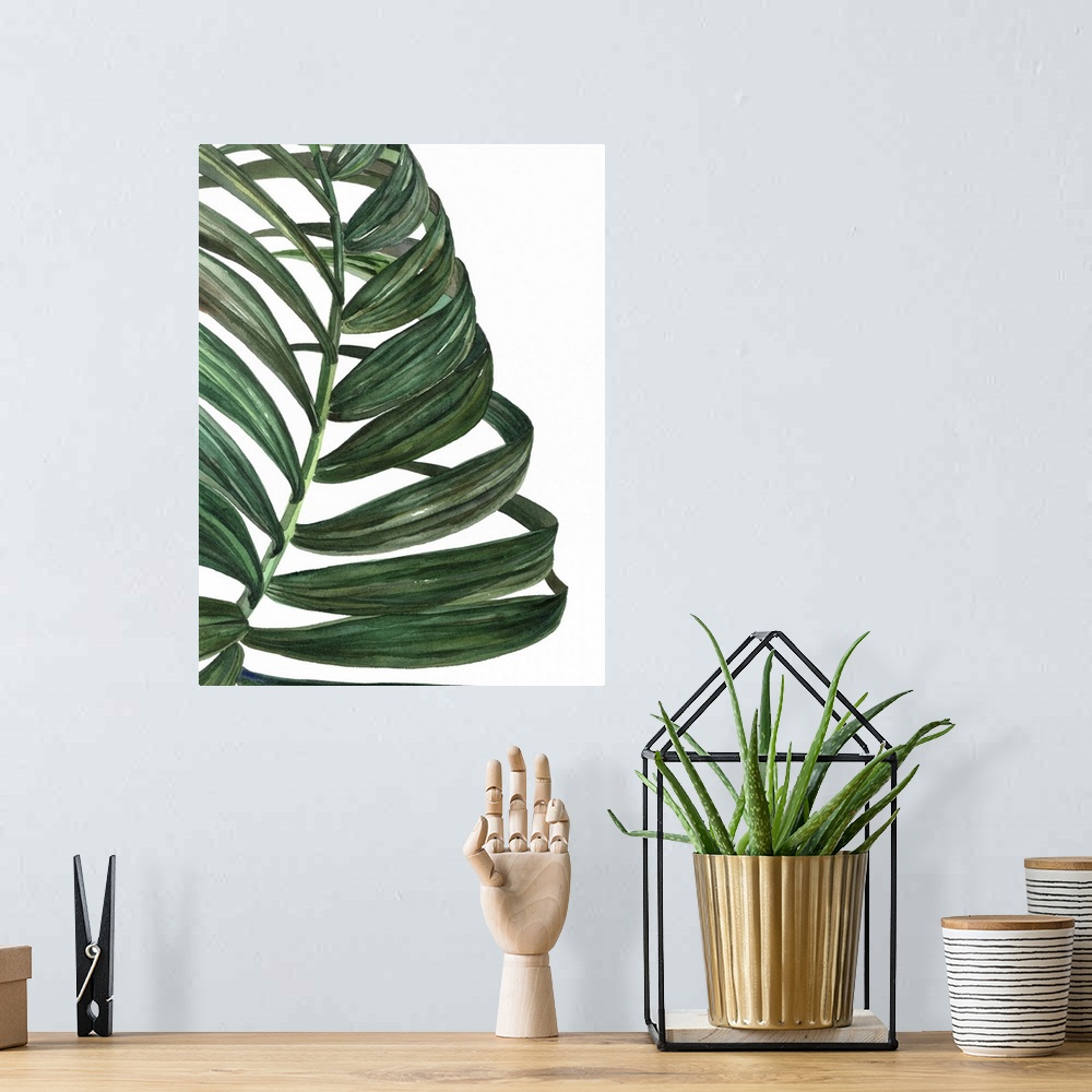 A bohemian room featuring Mod art of a deep green palm leaf on white.