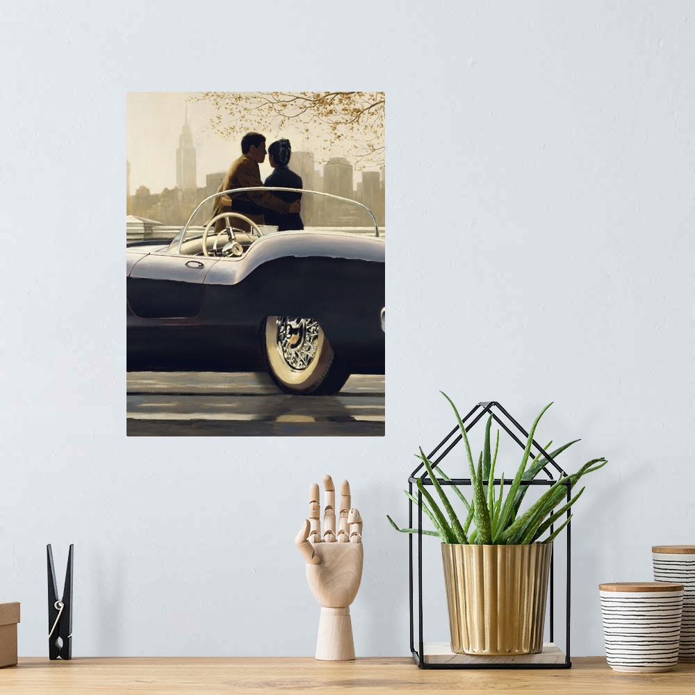 A bohemian room featuring Contemporary figurative painting of a man and woman near a vintage car looking at the New York Ci...