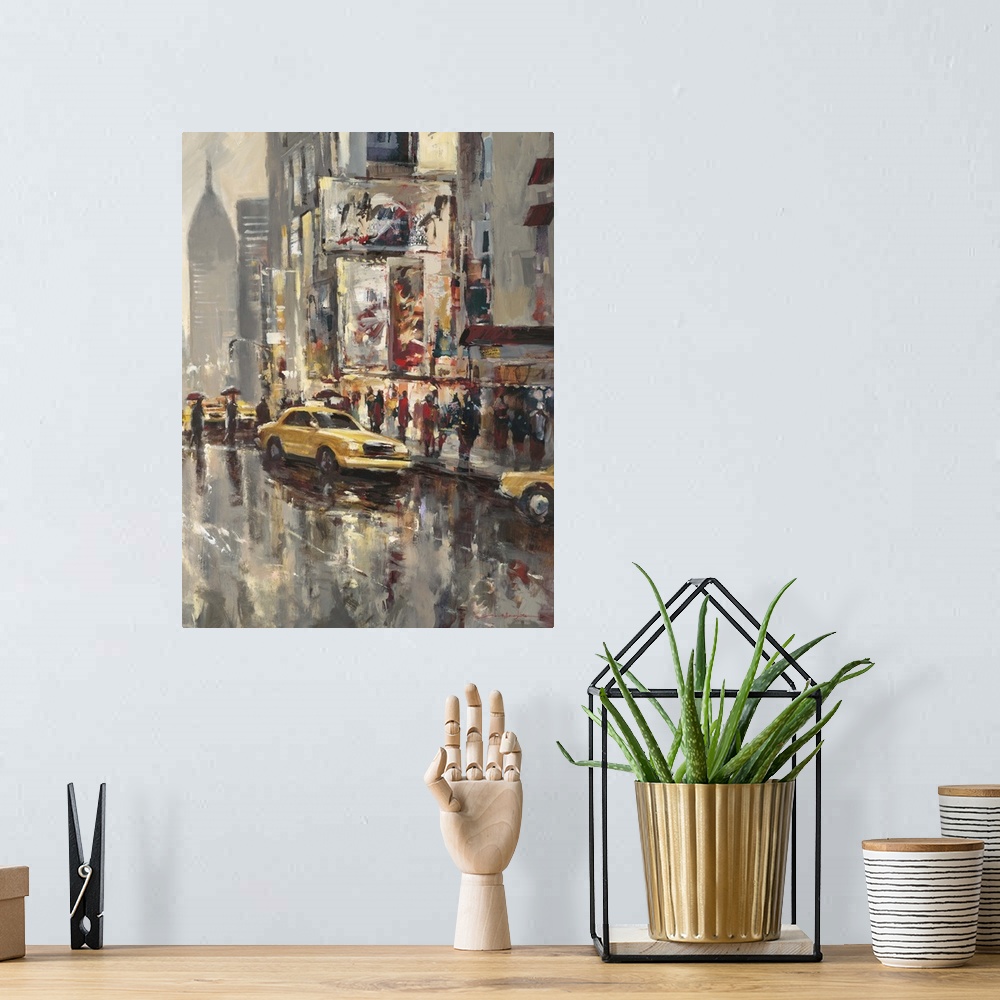 A bohemian room featuring Painting of city streets with people and taxi's casting reflections on a wet road, with tall buil...