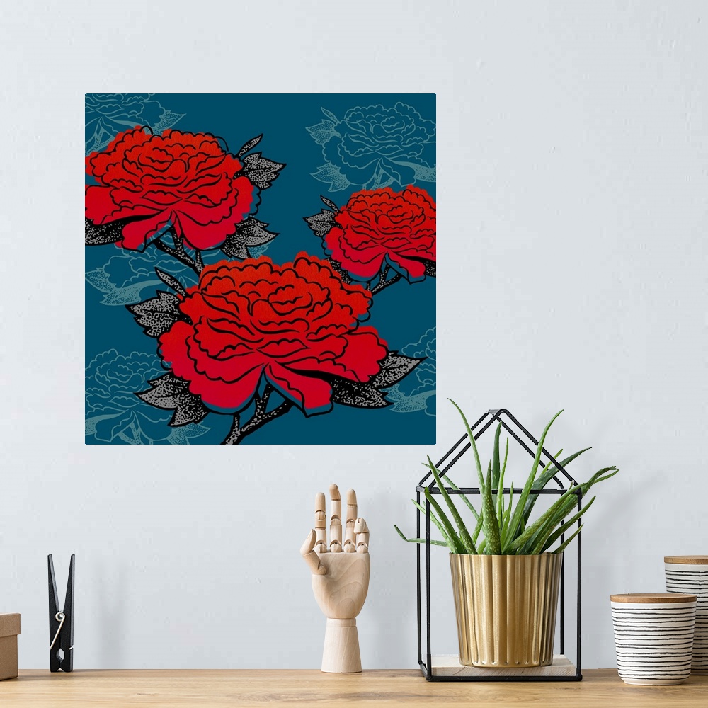 A bohemian room featuring Vintage style illustration of red flowers on dark blue.