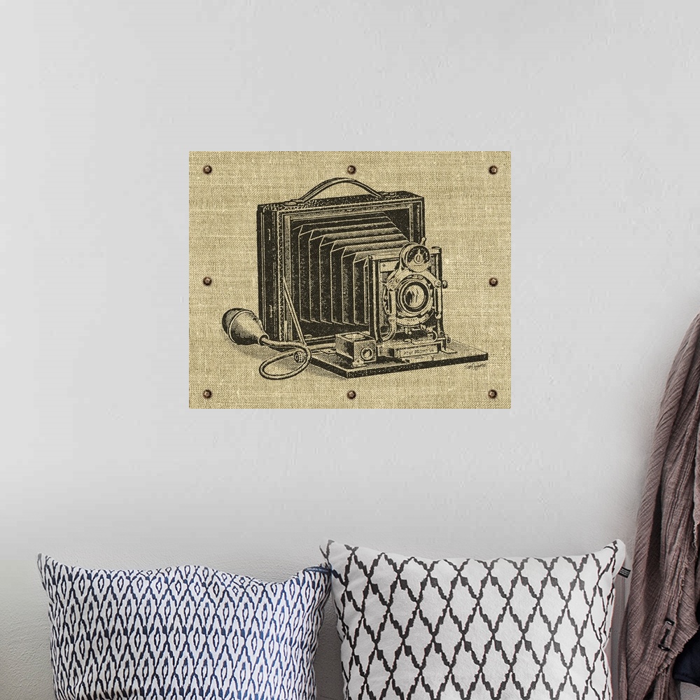 A bohemian room featuring Contemporary artwork of a camera with a vintage look.