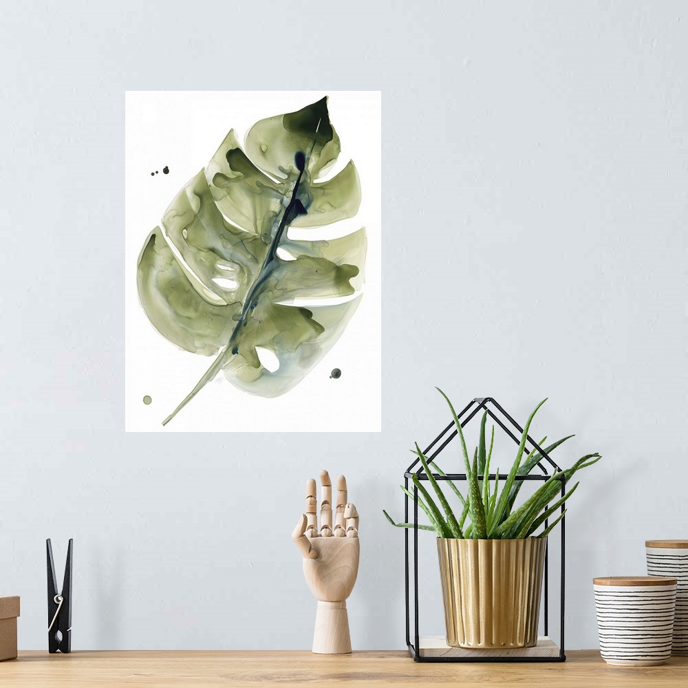 A bohemian room featuring Watercolor painting of a muted green tropical leaf on white.