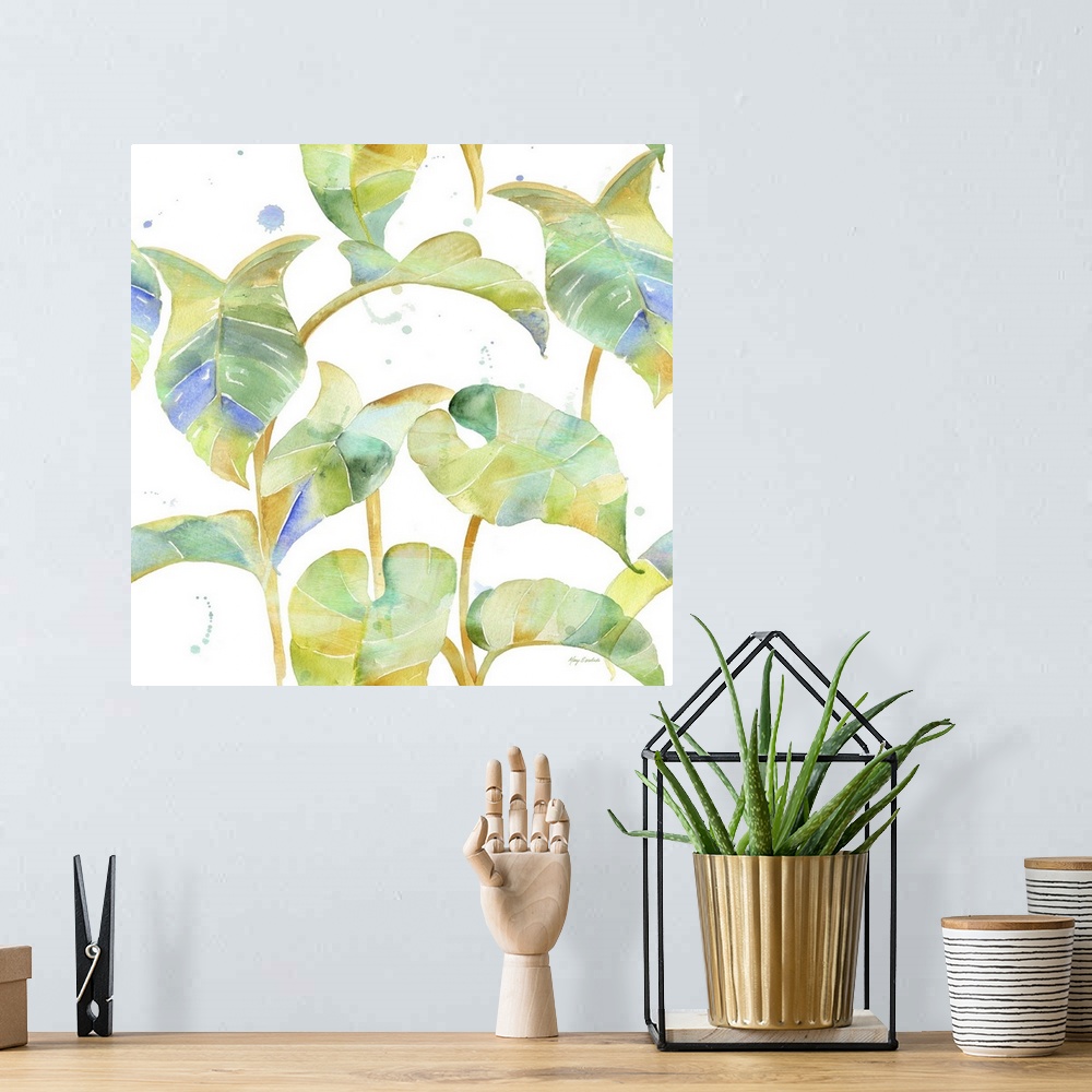 A bohemian room featuring Contemporary colorful tropical pal frond against a white background.