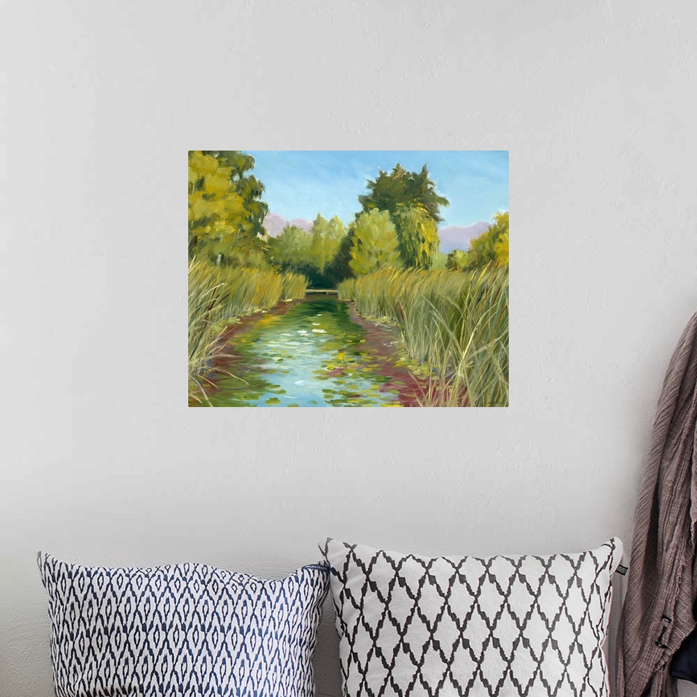 A bohemian room featuring Contemporary artwork of a marsh landscape with tall reeds and lily pads.