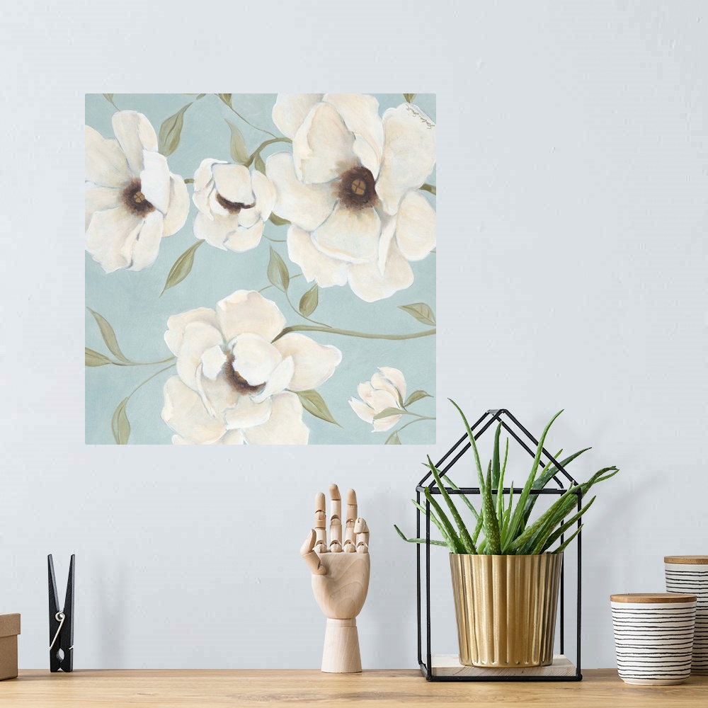A bohemian room featuring Square panel painting of a group of white flowers with thin stems on a pale background.