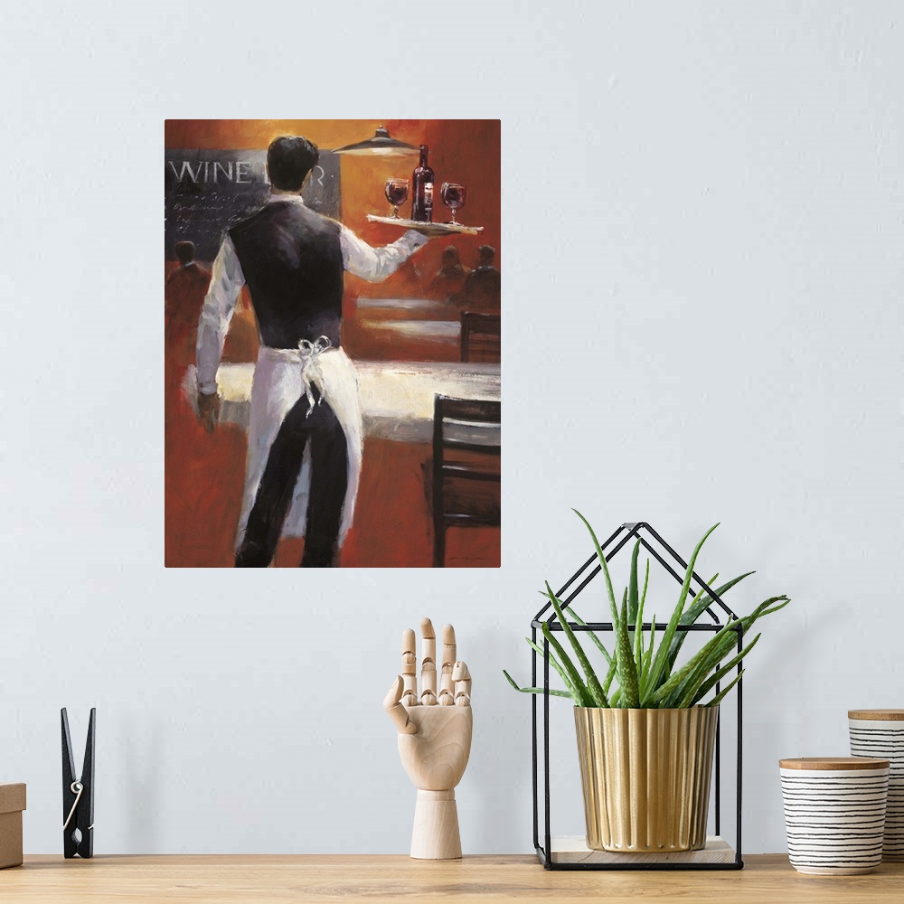 A bohemian room featuring Contemporary painting of a waiter holding a serving tray wine.
