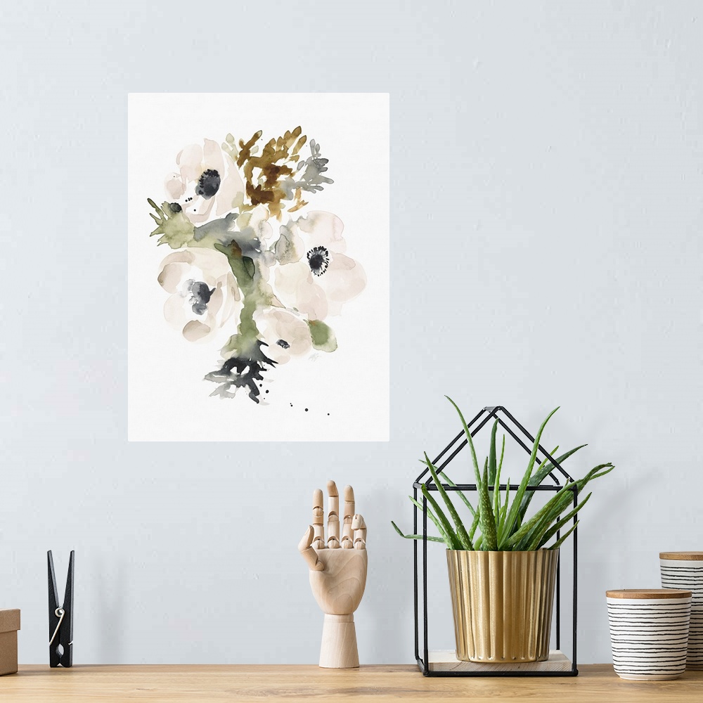 A bohemian room featuring Watercolor painting of a group of three white flowers with dark green leaves.