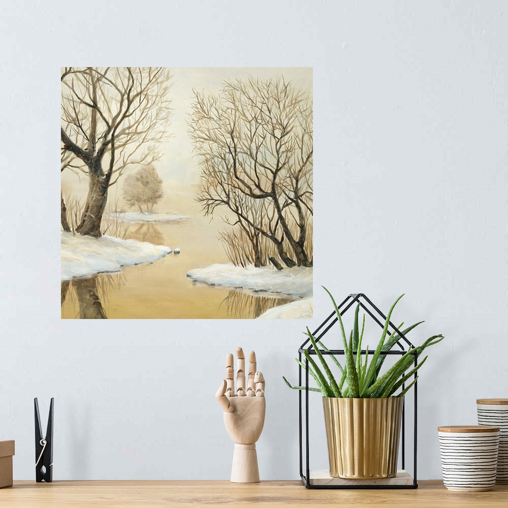 A bohemian room featuring Contemporary painting of a forest clearing seen through fog in winter.