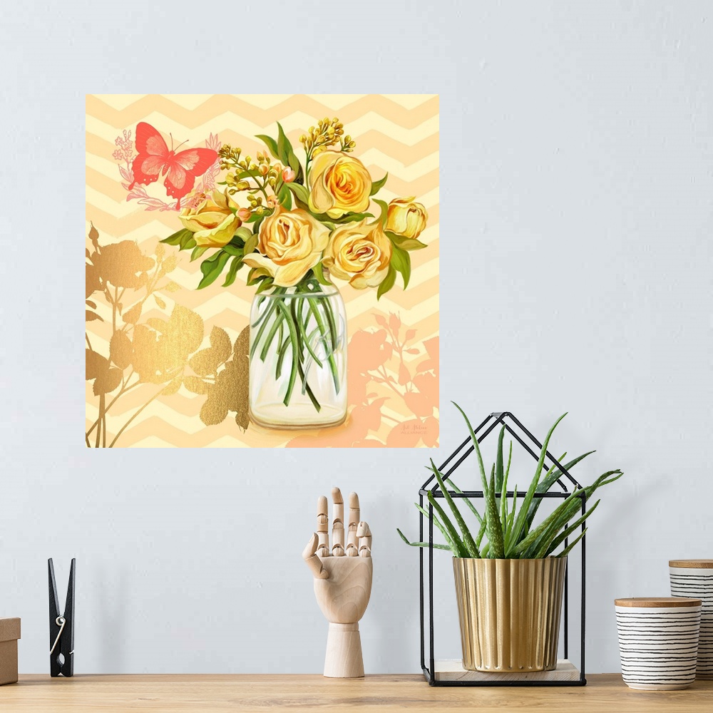 A bohemian room featuring Contemporary home decor artwork of a vibrant yellow flowers in a mason jar against a light yellow...