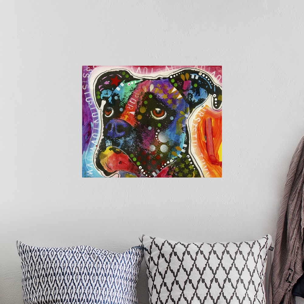 A bohemian room featuring Colorful painting of a dog with graffiti-like designs all over and the alphabet in white outlinin...